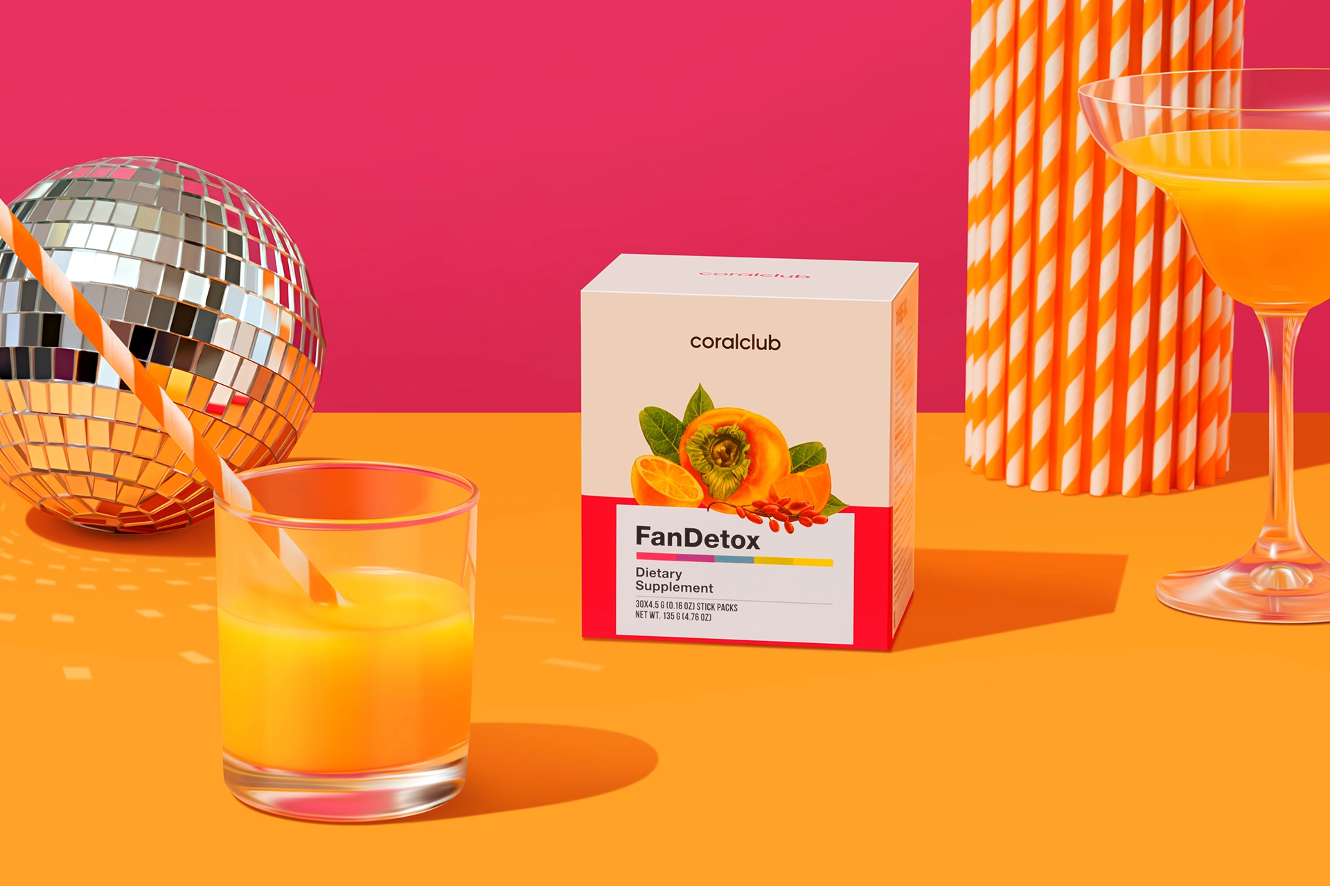 Стики FanDetox на фоне свежих ингредиентов и фруктовых экстрактов