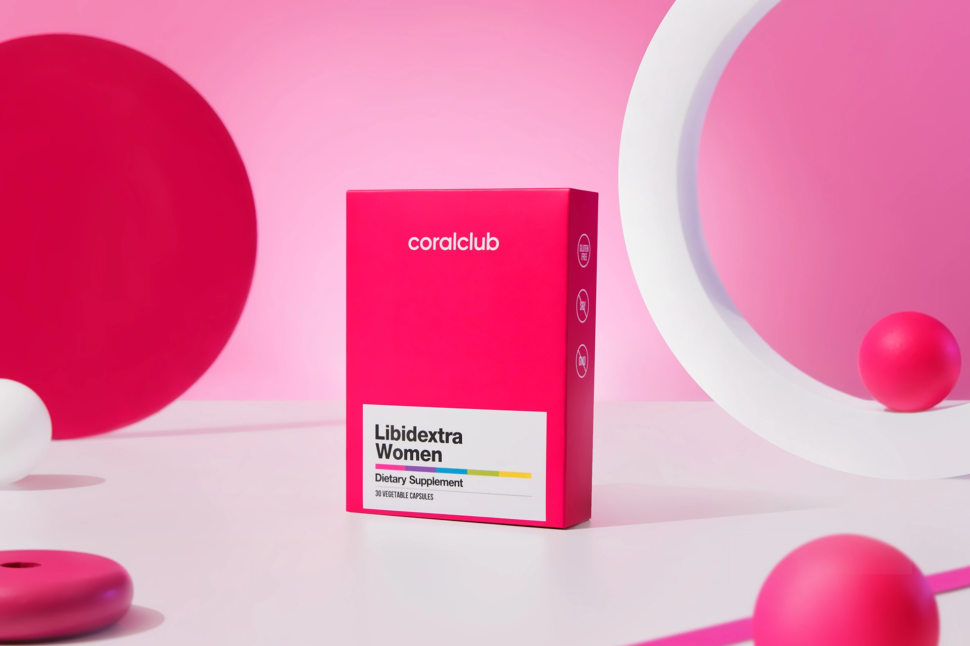 Опаковка на комплекса Libidextra Women на фона на свежи листенца от дамаска роза