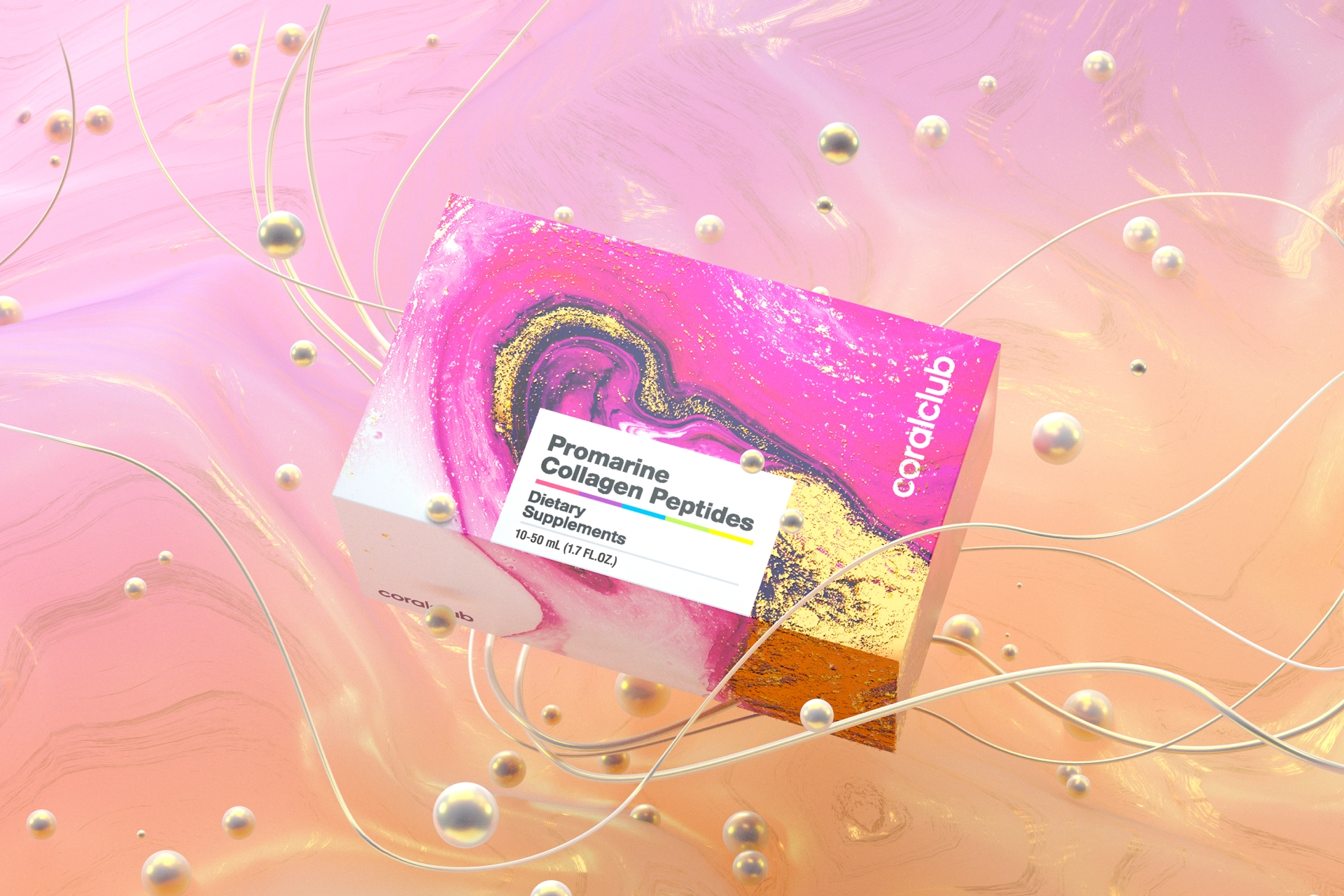 3D-визуализация набора флаконов Promarine Collagen Peptides в премиальном лайфстайл-окружении