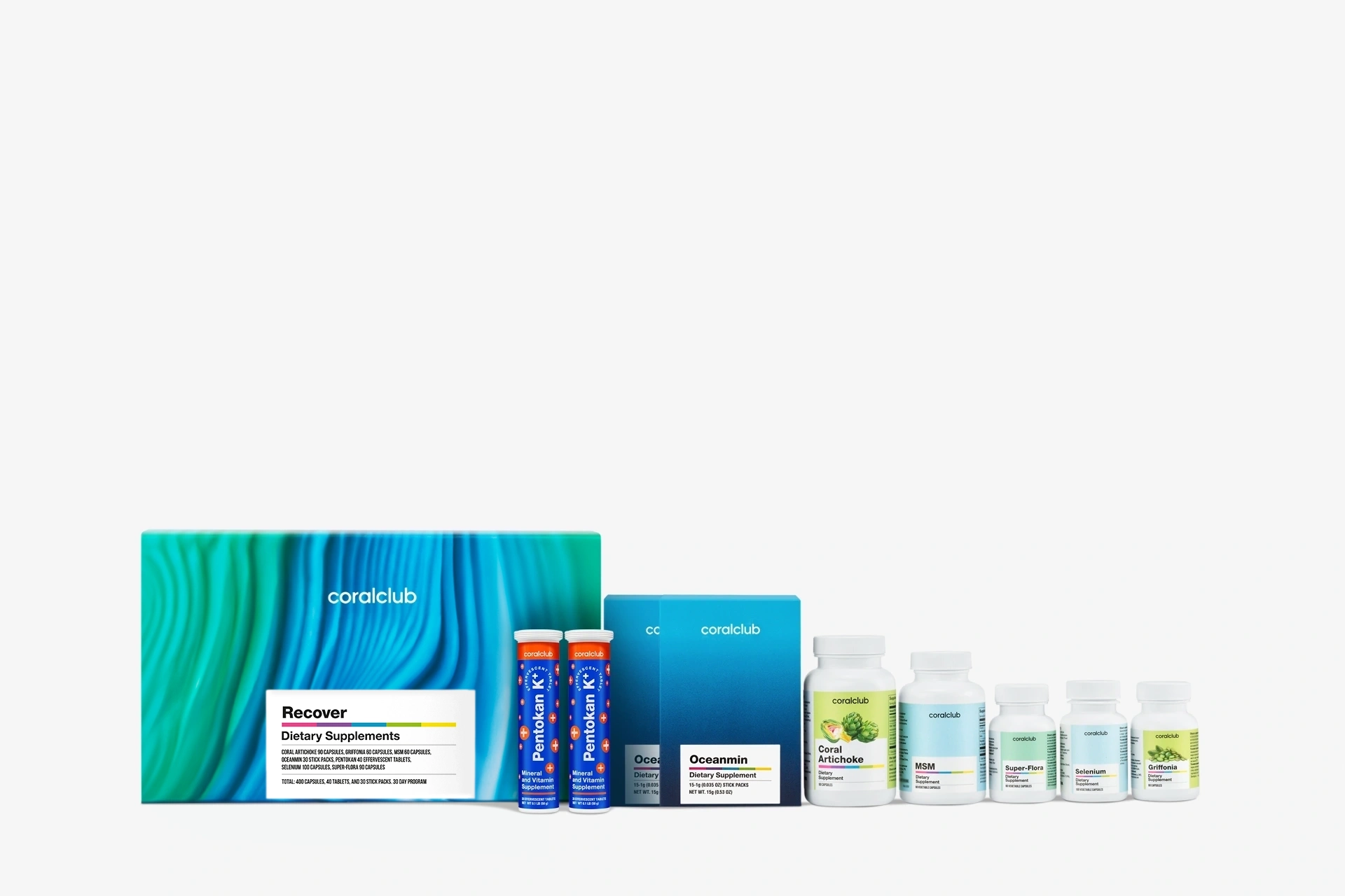 Продукты программы Recover выставлены в ряд на фоне эстетичного окружения