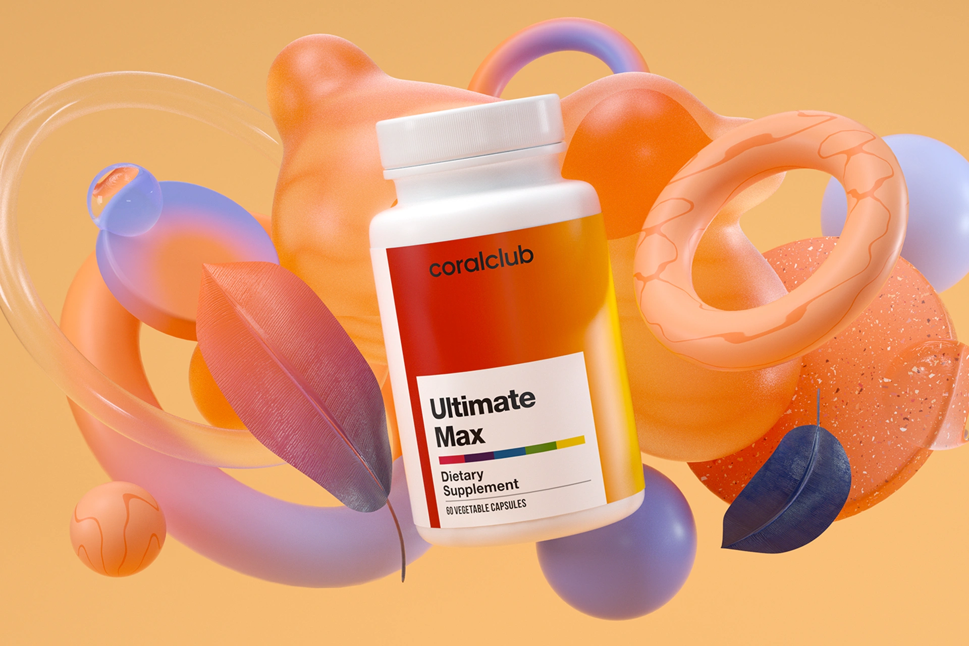 Удобный формат применения капсул Ultimate Max на фоне элементов здорового питания