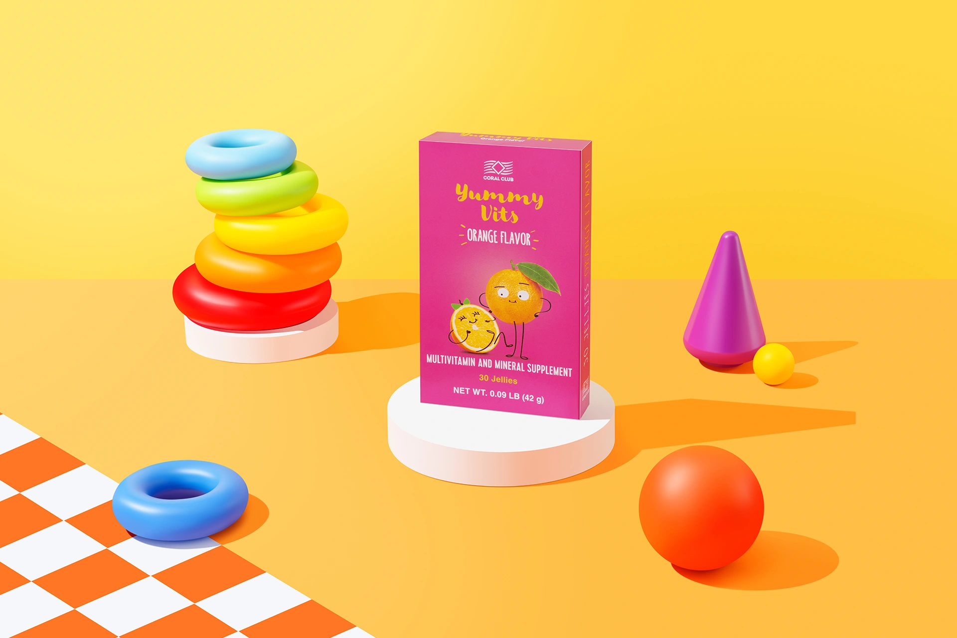 Упаковка жевательных пастилок Yummy Vits Orange на столе рядом с ребенком, увлеченным учебой