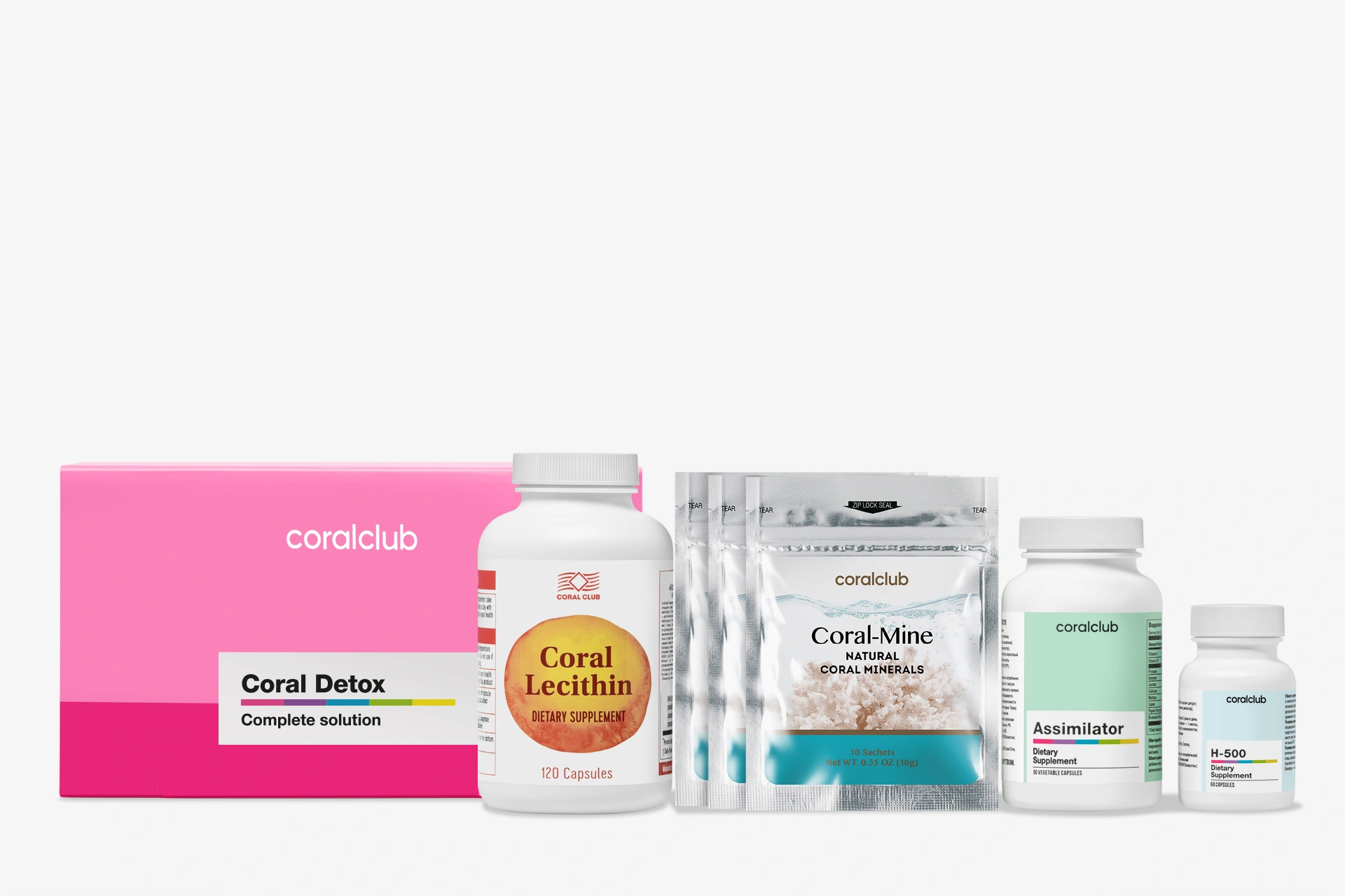 Полный состав продуктов набора Coral Detox, подготовленный к ежедневному приему